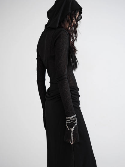 Translucent Knit Fake Layered Hooded Dress NA5217