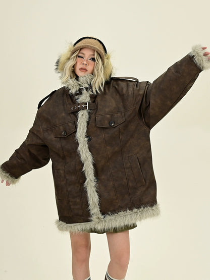 Oversize Fake Fur PU Leather Jacket NA6401