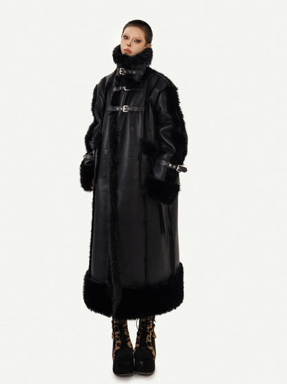 PU Leather Fake Fur Stand Neck Coat NA8609