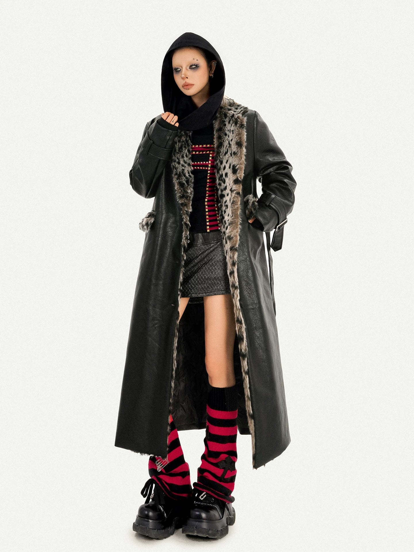 NA8564 Milk Cool Mo Li American retro black long leather jacket female leopard print fur integrated loose fur collar coat NA8564