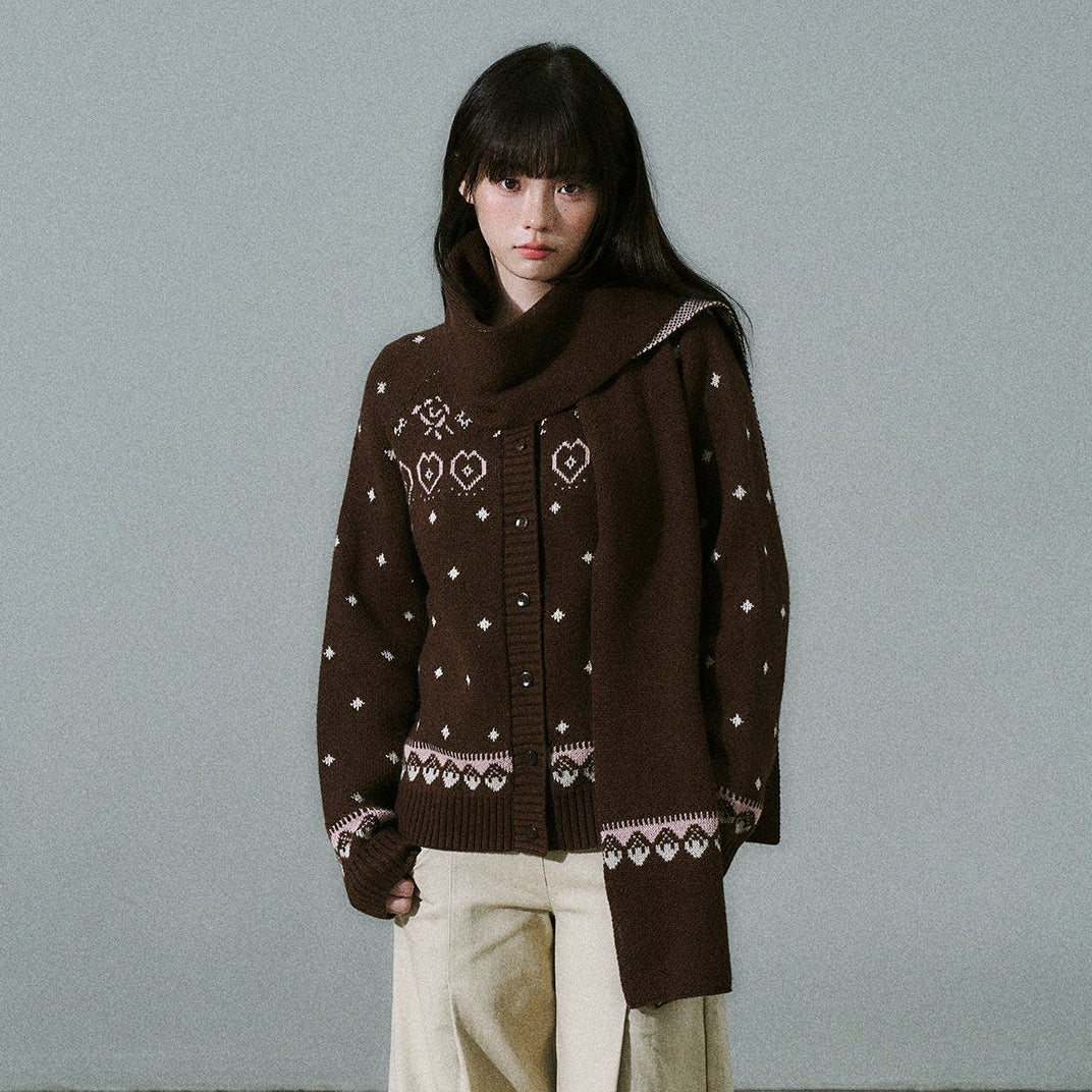 Fair Isle Pattern Wool Blend Scarf Knit Cardigan NA8791