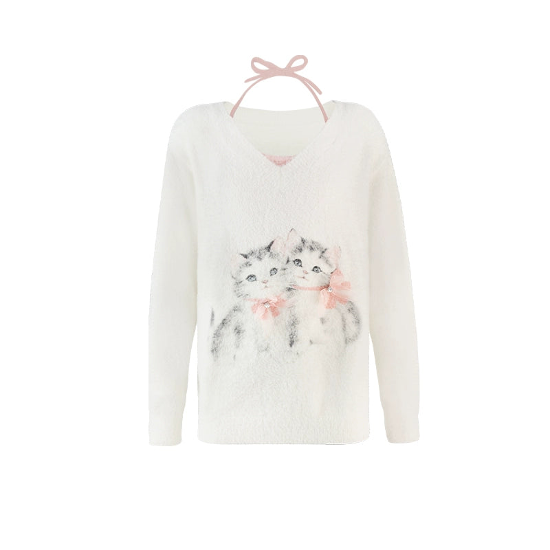 Cat Print V-neck Knit Sweater NA4014