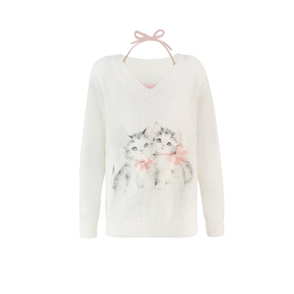 Cat Print V-neck Knit Sweater NA4014