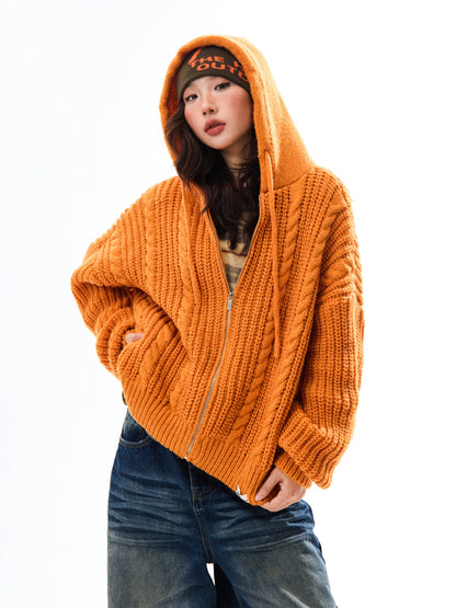 Chunky Knit Zipper Hooded Oversize Cardigan NA9356