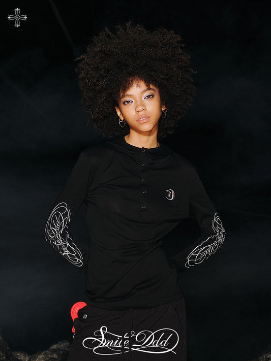 Hooded Button Print Long Sleeve T-Shirt NA8932