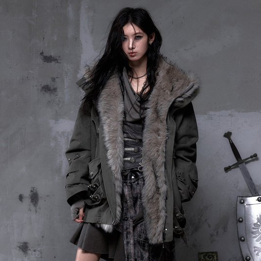 Fake Fur Hooded Multi-Pocket Buckle Detail Jacket NA8989