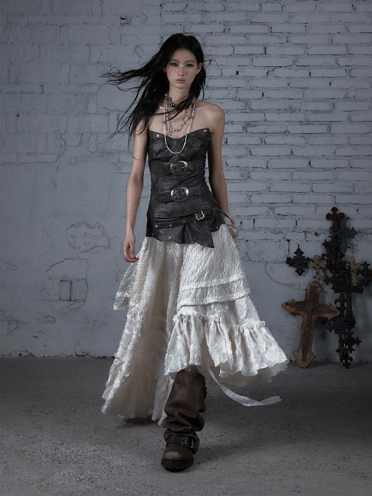 Asymmetric Lace Layered Belt Detail Skirt NA9003