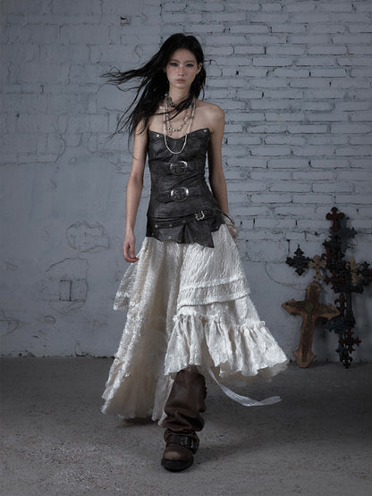 Asymmetric Lace Layered Belt Detail Skirt NA9003