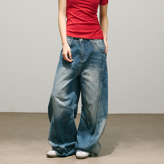 Washed Seam Design Wide Leg Denim Jeans NA8948