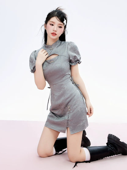 Stand Neck Short Sleeve Dress NA3205