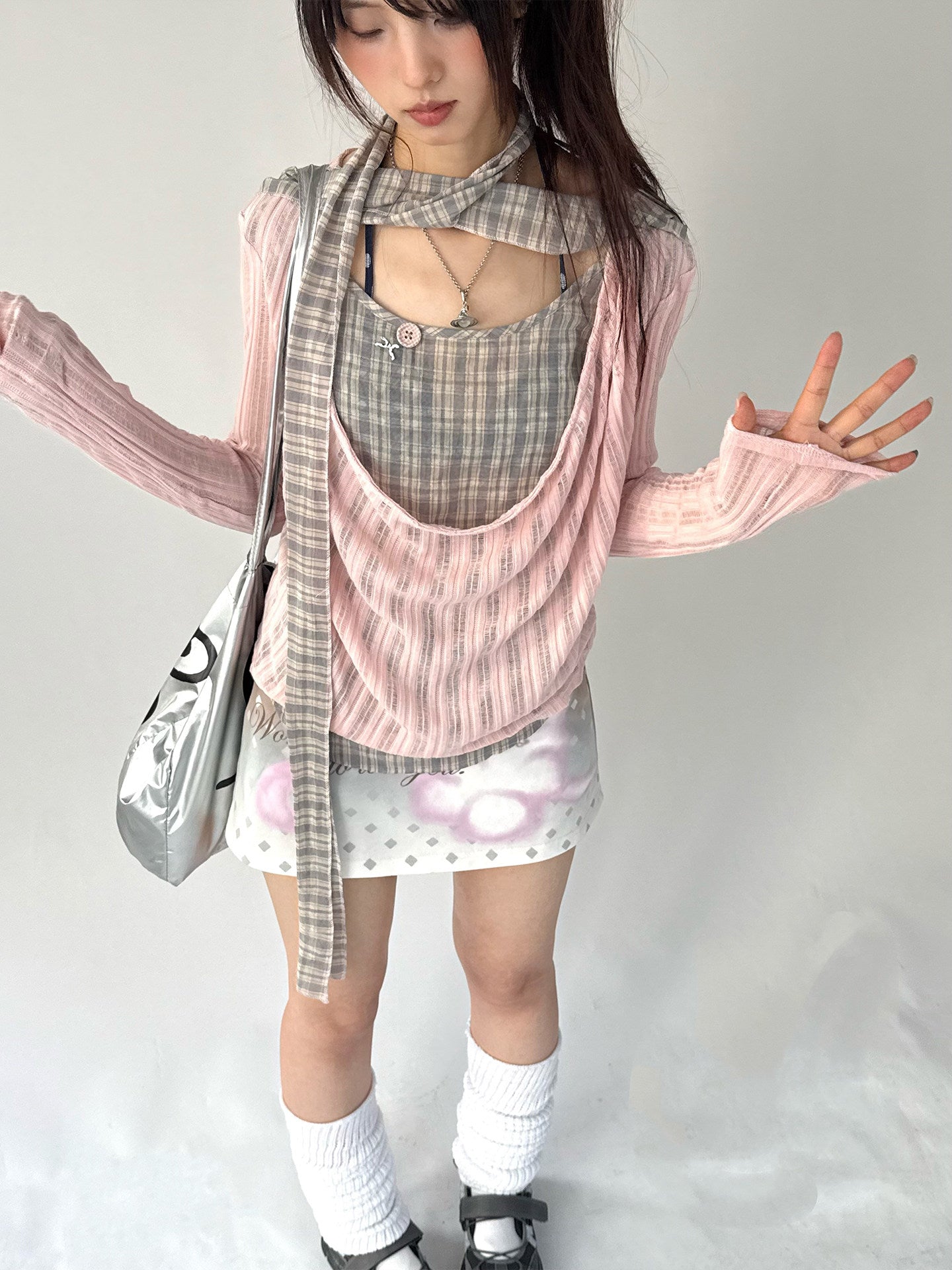 Plaid Ripped Fake Layered Long Sleeve T-Shirt NA9253