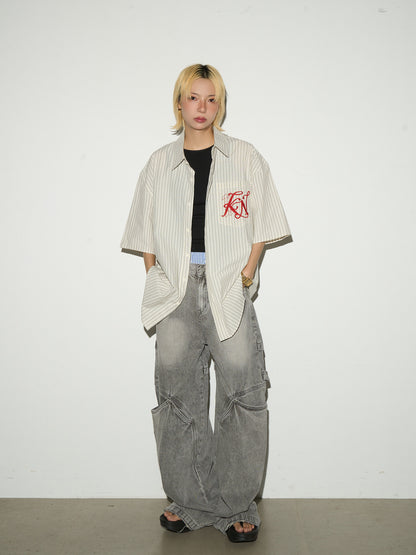 Washed Panel Cargo Pocket Wide Leg Denim Jeans NA9108