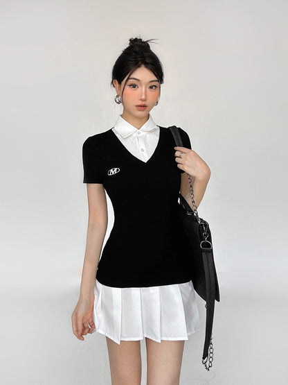 Fake Layered Polo Neck Button Dress NA4640