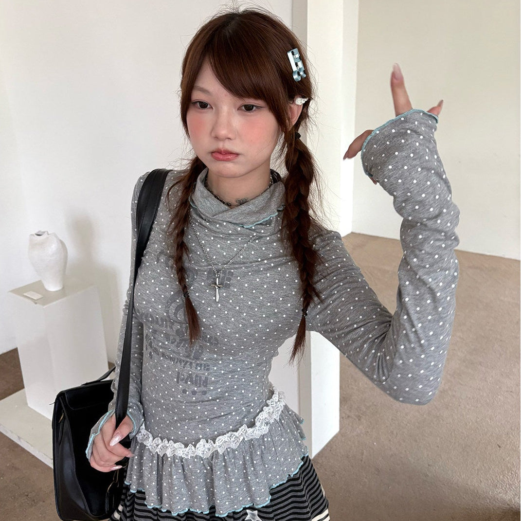 Polka Dot Lace High-Neck Long Sleeve T-Shirt NA9239