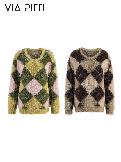 Argyle Pattern Furry Knit Sweater NA4664