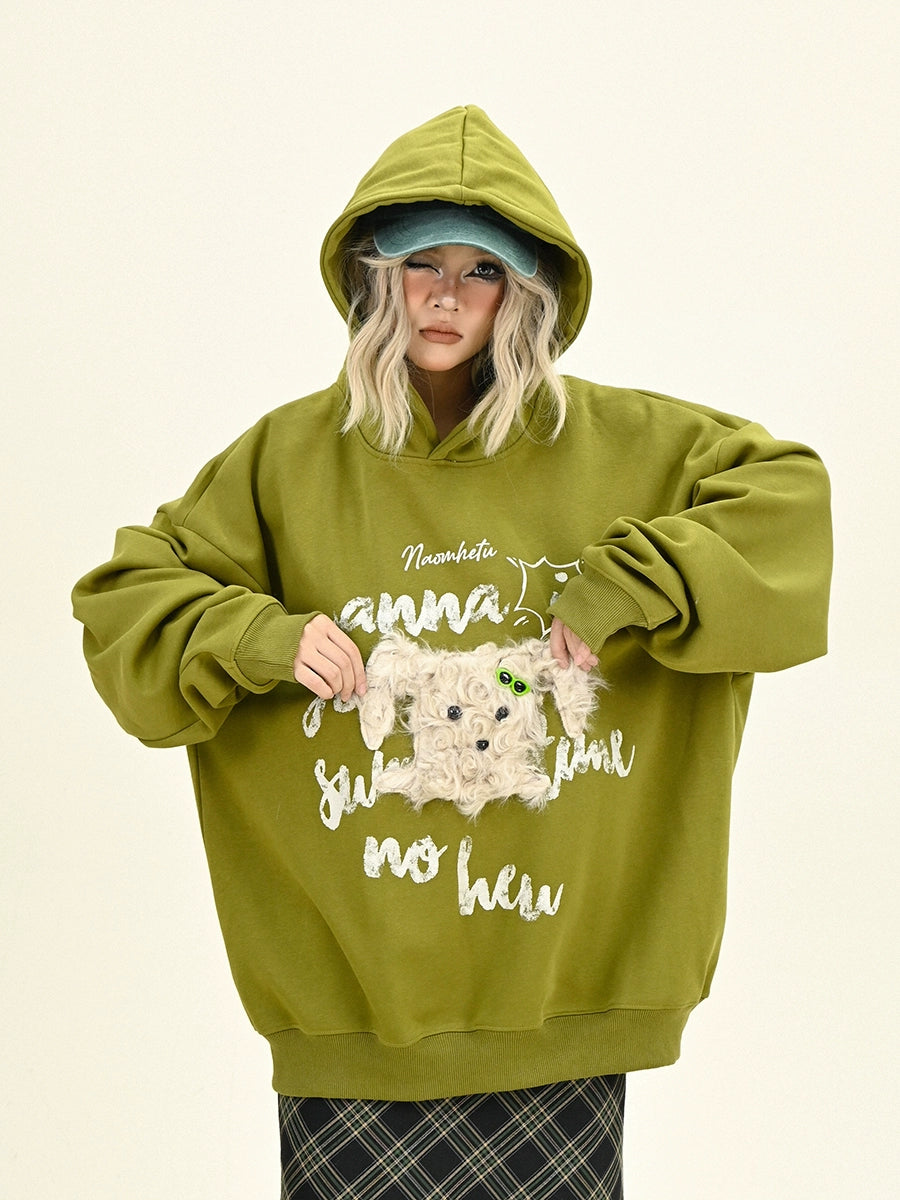 Oversize Fleece Little Dog Design Hoodie NA6296