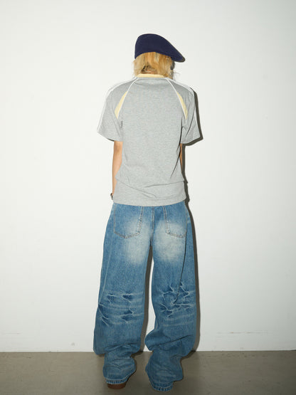 Washed Damage Fade Straight Denim Jeans NA9209