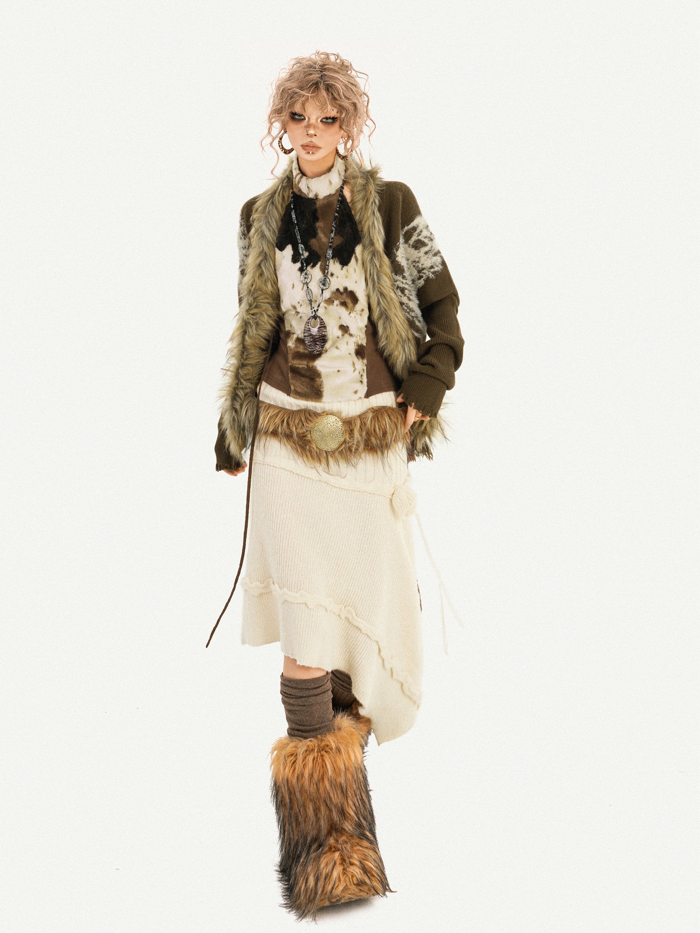 Original Design Batwing Sleeve Fake Fur Collar Knit Cardigan NA8622