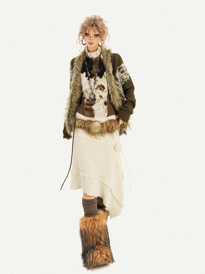 Original Design Batwing Sleeve Fake Fur Collar Knit Cardigan NA8622