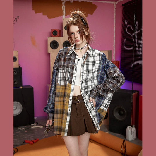 Oversize Patchwork Plaid Shirt NA3217