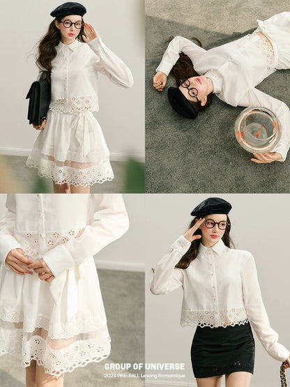 Lace Long Sleeve Shirt & Lace Short Skirt Setup NA5935