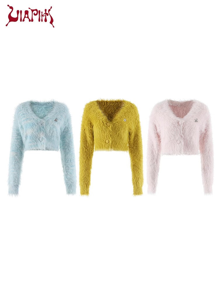 Cropped Furry Knit V-neck Cardigan NA4808