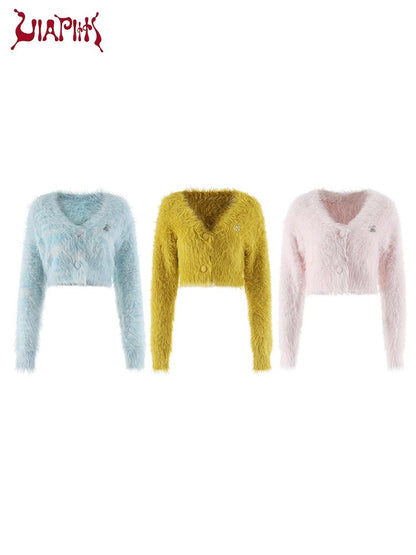 Cropped Furry Knit V-neck Cardigan NA4808