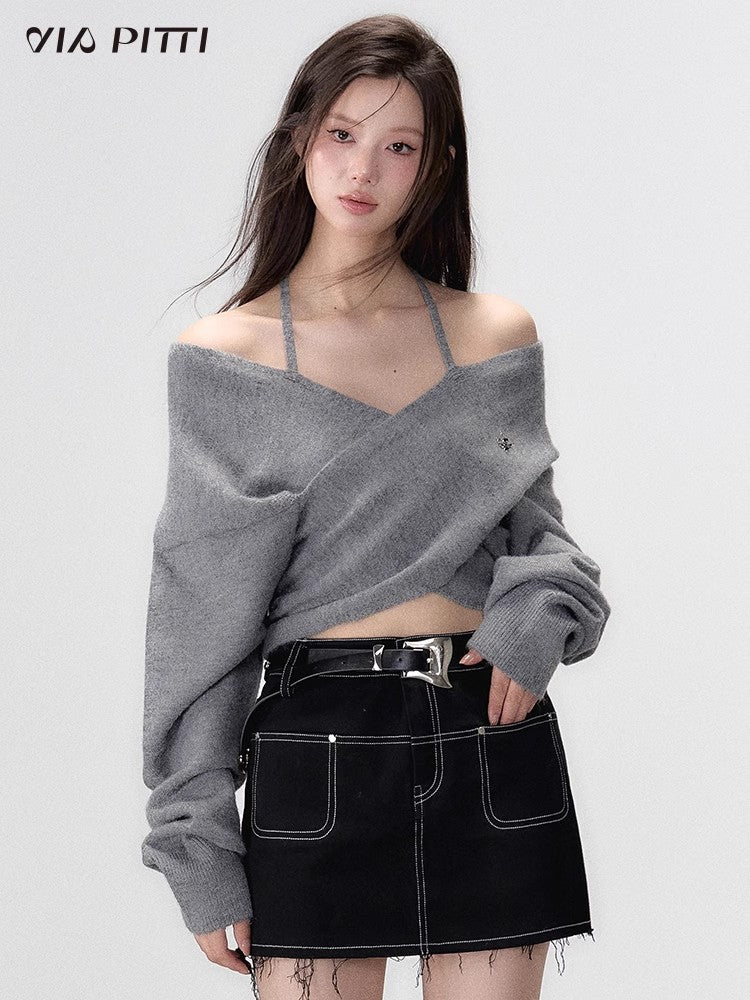 One shoulder Hanging Neck Knit Sweater NA4759