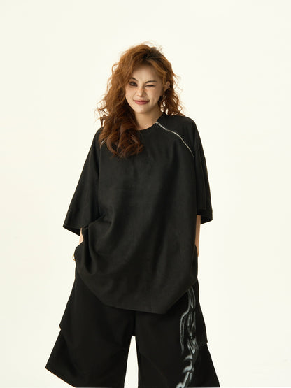 Double Zipper Design Oversize Suede Short Sleeve T-shirt NA3065