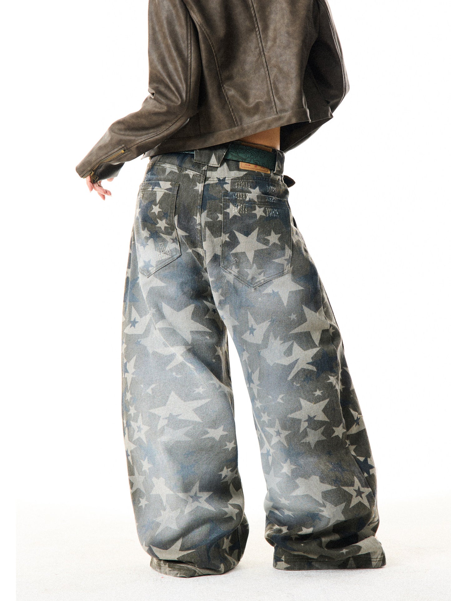 Star Print Damage Wide Leg Denim Jeans NA9313