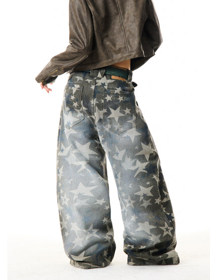 Star Print Damage Wide Leg Denim Jeans NA9313