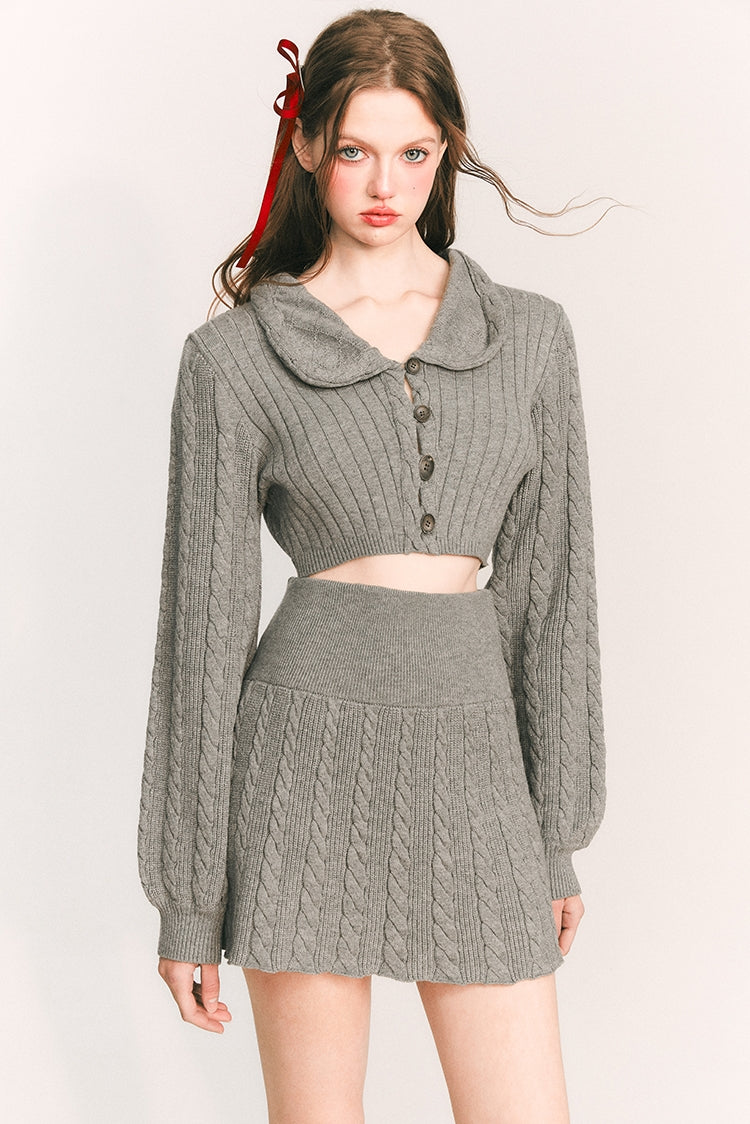 Round Collar Button Knit Cardigan & Knit Short Skirt Setup NA5872