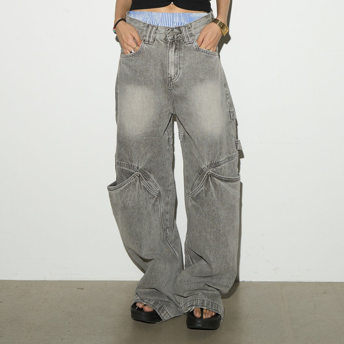 Washed Panel Cargo Pocket Wide Leg Denim Jeans NA9108