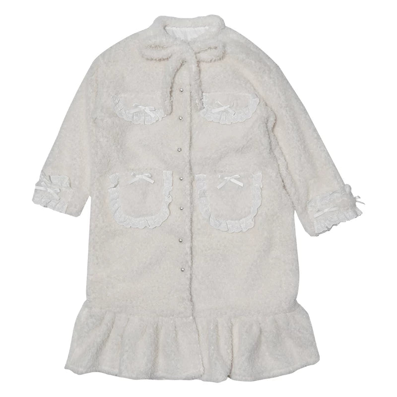 Plush Bow Ruffle Long Coat NA8279