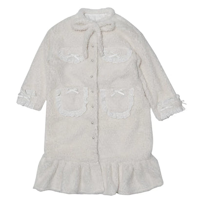 Plush Bow Ruffle Long Coat NA8279