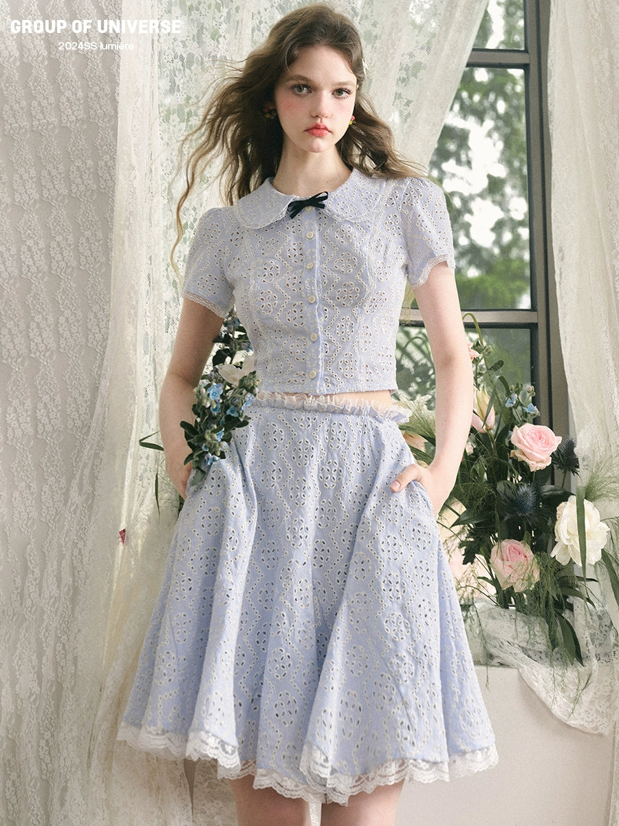 Embroidery Lace Short Sleeve Shirt & Short Skirt Setup NA5932