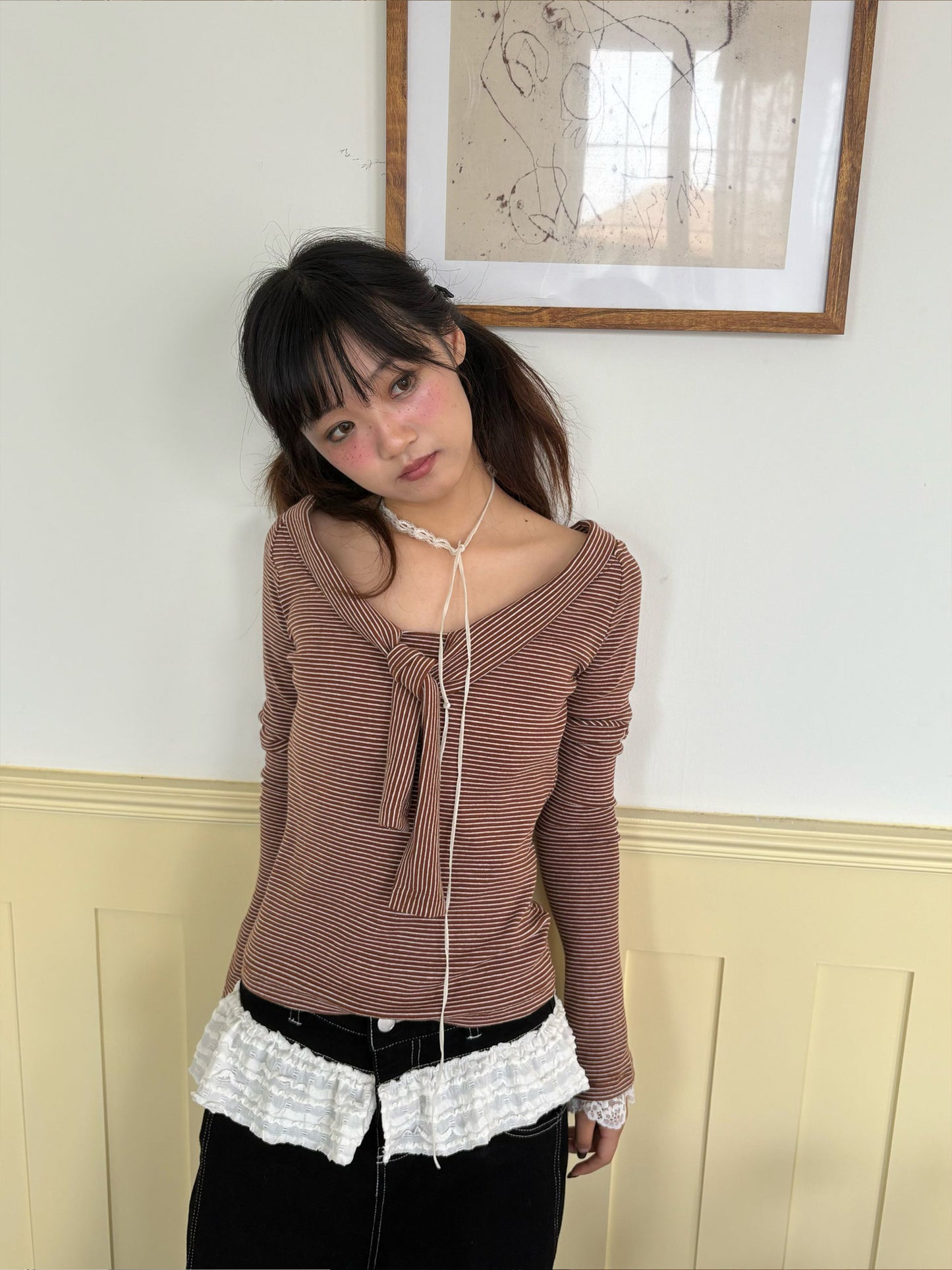 Striped Lace Trim Tie Detail Long Sleeve T-Shirt NA9285