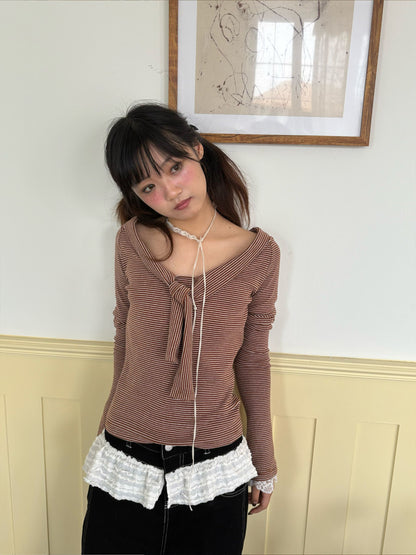 Striped Lace Trim Tie Detail Long Sleeve T-Shirt NA9285