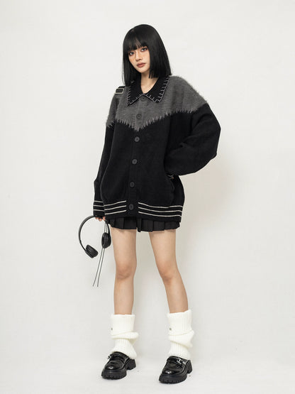 Contrast Color Polo Neck Knit Cardigan NA2605