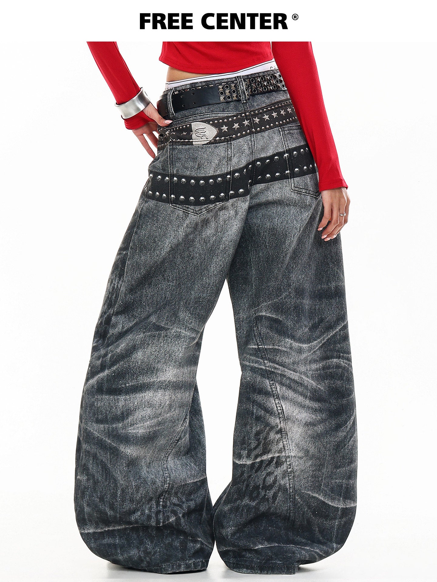 Butterfly Double Waistband 3D Print Wide Leg Denim Jeans NA8875