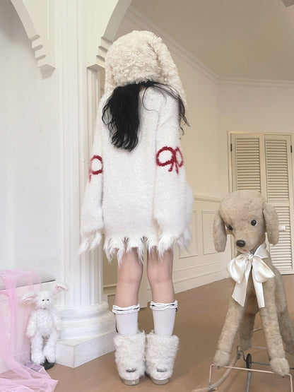 Bow Design Shaggy Knit Sweater NA8304