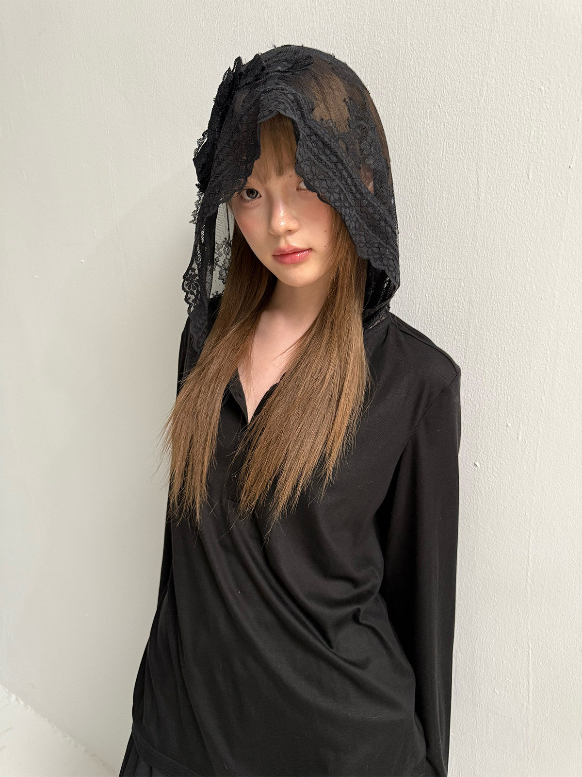 Lace Bow Hooded Long Sleeve Lyocell Shirt NA8815