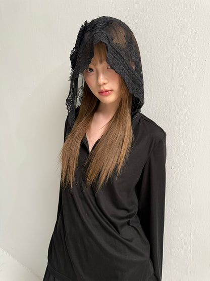 Lace Bow Hooded Long Sleeve Lyocell Shirt NA8815