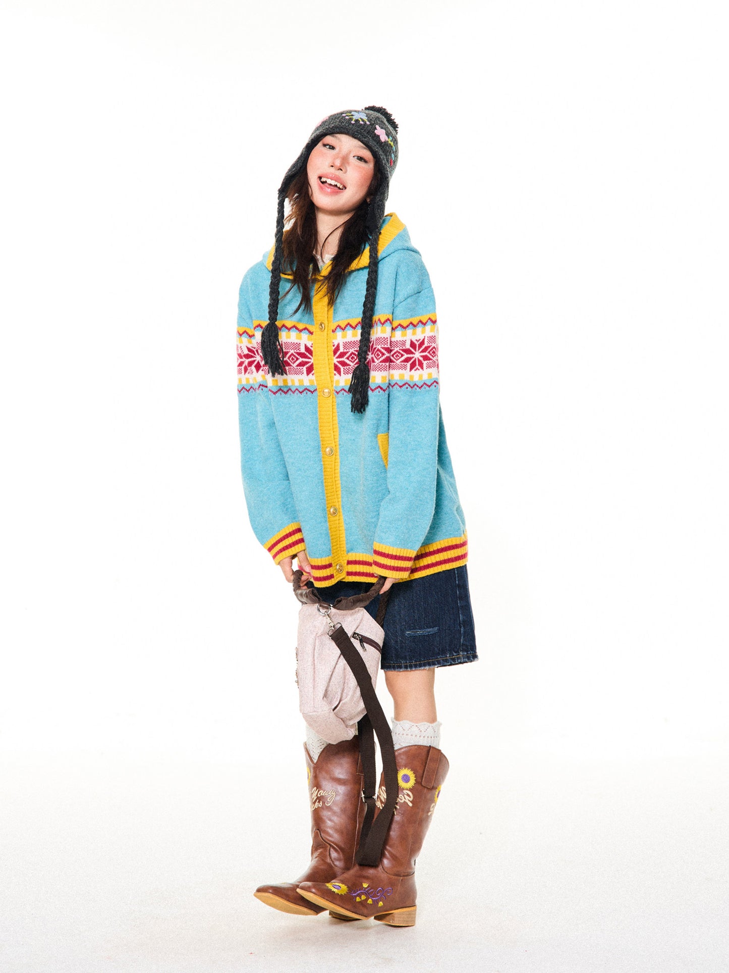 Contrast Pattern Hooded Knit Cardigan NA9340