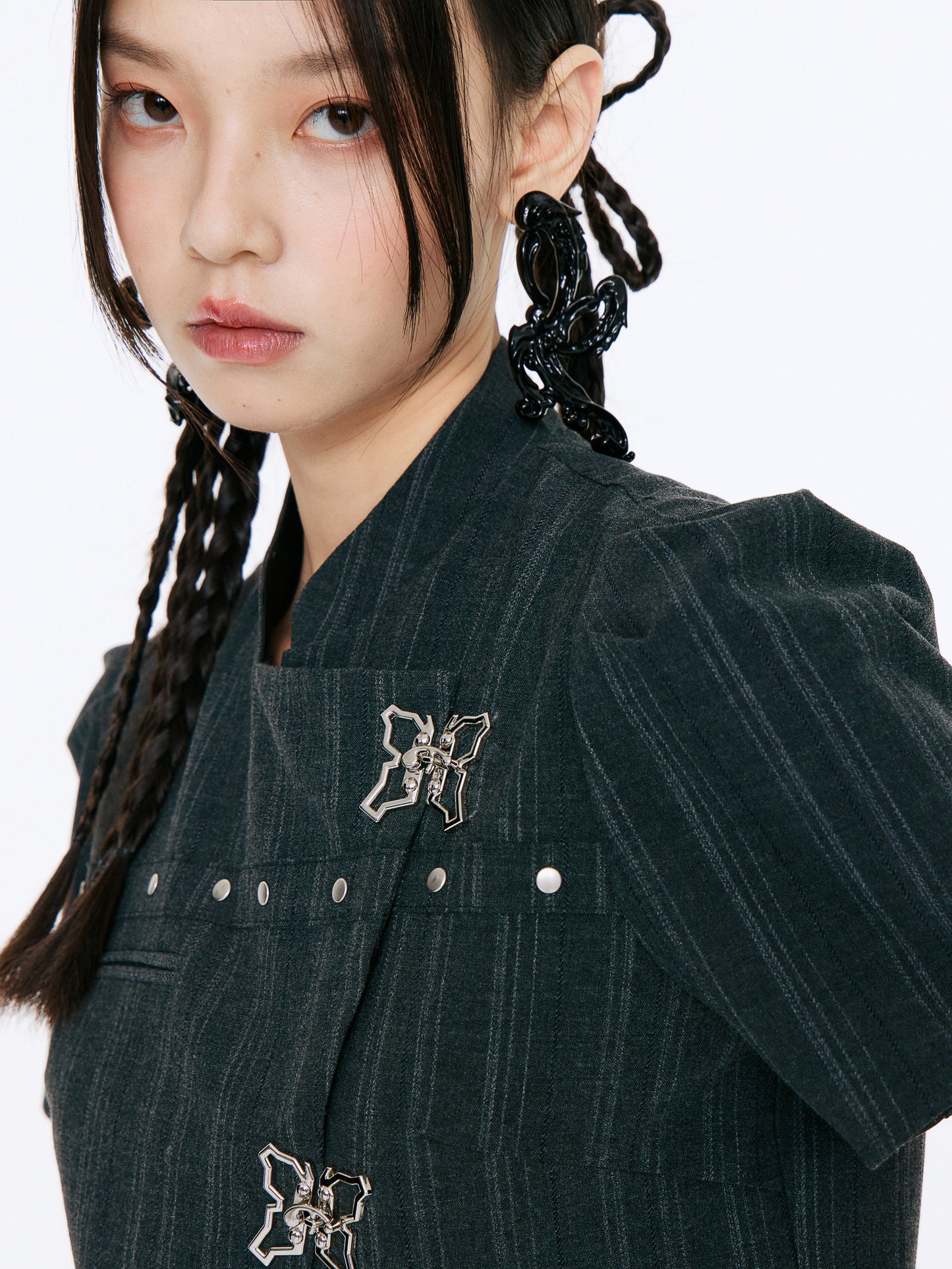 Bow Detail Pinstripe Cropped Shirt & Pleated Skirt Setup NA8838