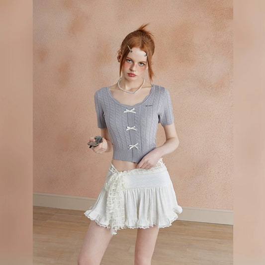 Bow Design Short Sleeve Knit Top NA3378