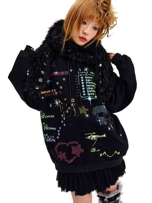 Letter Rhinestone Print Zipper Hoodie NA6695