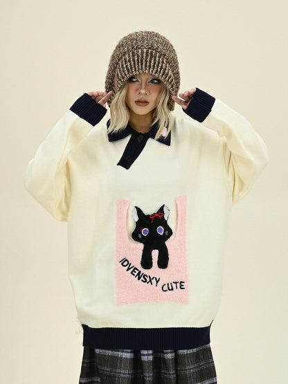 Cat Design Oversize Polo Knit Sweater NA6473