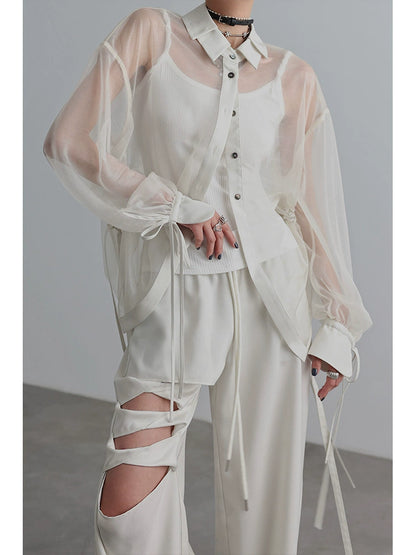 Drawstring Sheer Long Sleeve Shirt NA4207