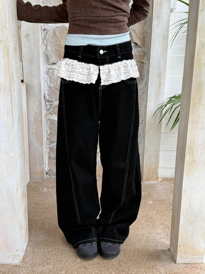 Lace Panel Low Rise Straight Denim Jeans NA9262